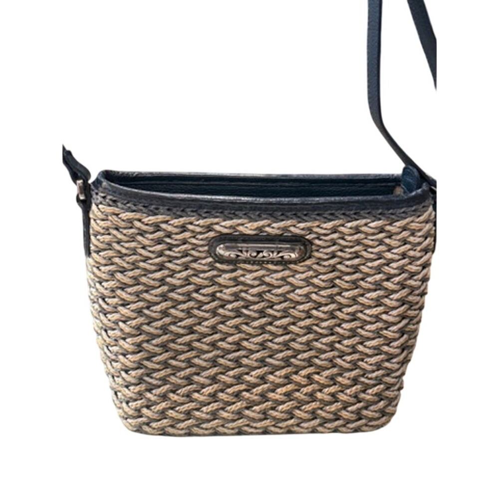 Brighton woven straw & blue leather crossbody bag*decorative silver plaque - Picture 3 of 7